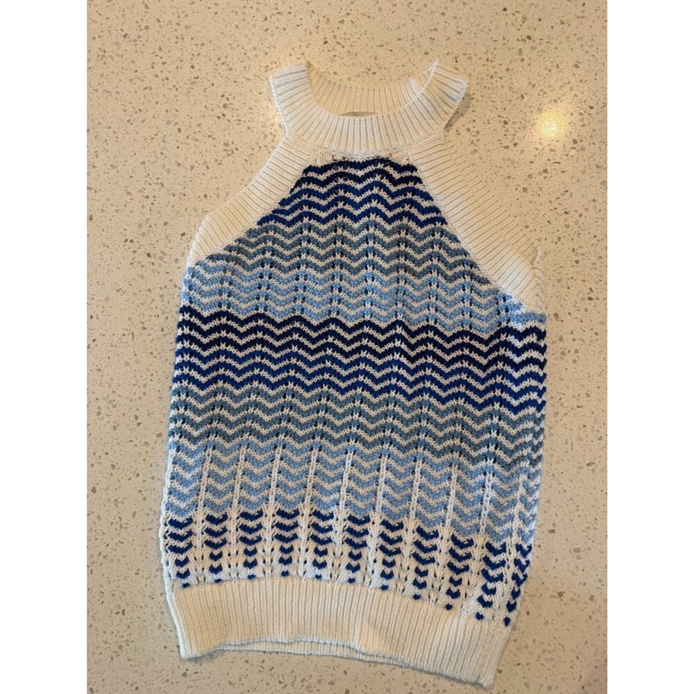 LOFT Blue and White Open-Weave Knit Sweater Tank Halter Sleeveless XS